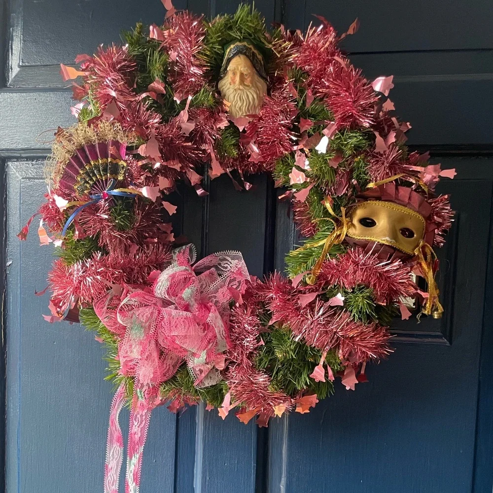Handmade Pink Christmas Santa Mardi Gras Wreath 18” by 17”
